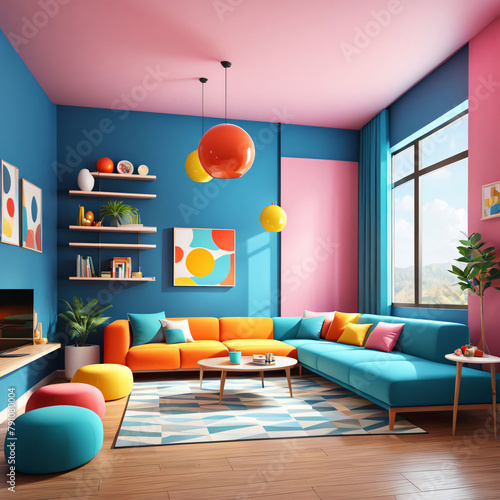 3d cartoon living room interior design with sofa and couch, large window, pink yellow blue orange futuristic bold modern retro style plants pot wall art painting architectural visualization apartment