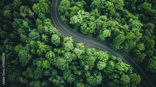 The tranquil beauty of a forest road seen from the sky, surrounded by a sea of green, perfect for a peaceful drive