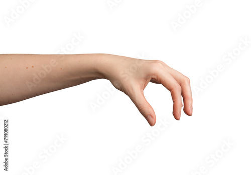 Female hand gestures isolated on white background. Arm showing signs with open palm, fingers, thumb,