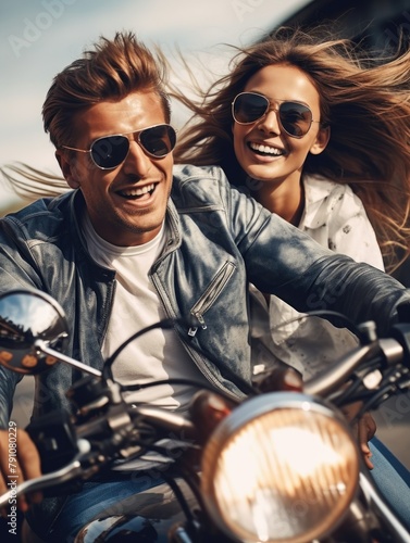 A man and a woman are riding a motorcycle, both wearing sunglasses