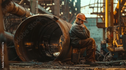 A man in a hard hat taking a break while sitting beside a medium-sized pipe in an industrial factory setting
