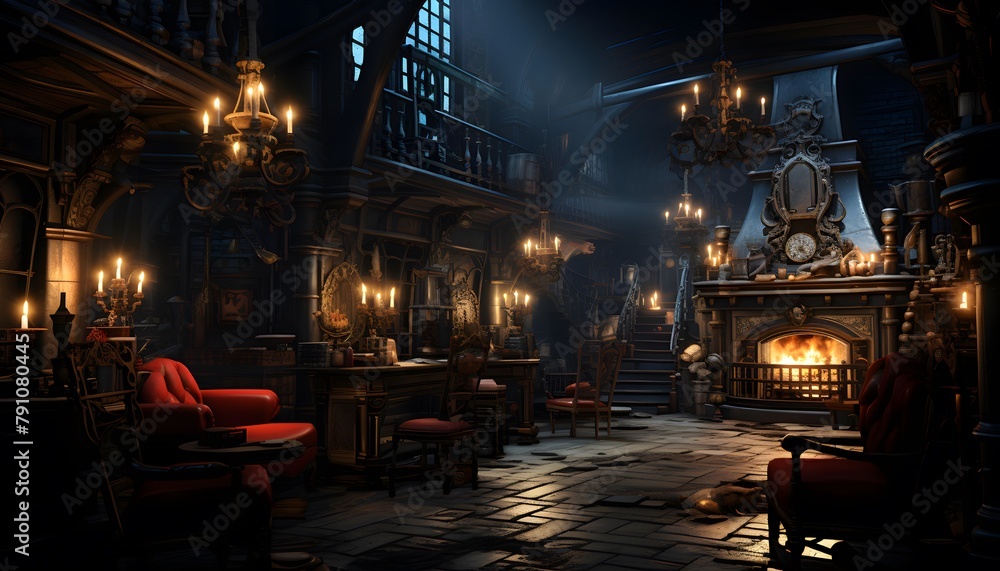 Night view of the interior of an old pub. 3D rendering