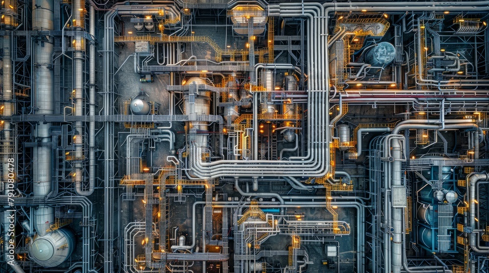 A close-up view of a complex network of pipes and valves in an industrial building, showcasing the infrastructure required for operations