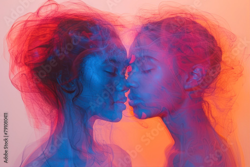 Double exposure portrait of two young beautiful women with long hair and blue and red neon lights