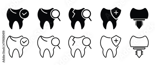 Set of Tooth icons. Outline and solid teeth symbol. Teeth care icon. Vector Illustration.