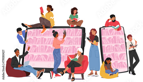 Tiny Characters Access Online Library Services To Explore Vast Collections Of Digital Books, Articles And Resources
