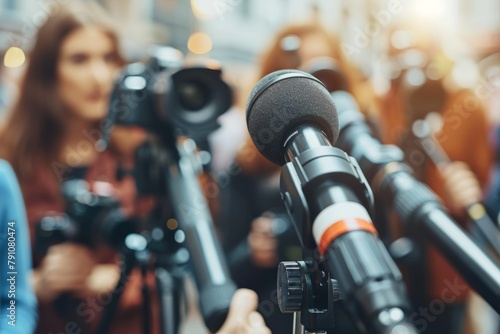 Businessperson politician interview on street political advertisement ad campaign upcoming elections cameras recording microphones ask questions journalists media coverage reporters live stream photo