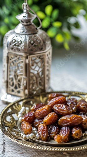 Plate with treats, decorative arabic lantern and rosary.