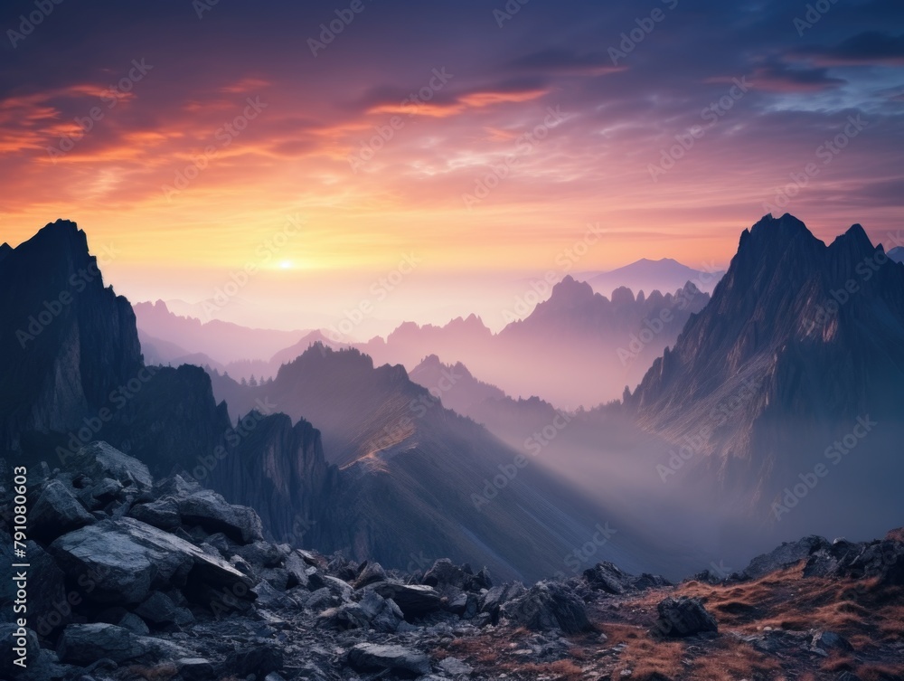 A mountain range with a beautiful sunset in the background