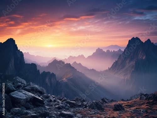 A mountain range with a beautiful sunset in the background © vefimov