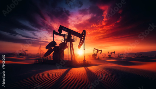 Silhouettes of oil drilling pumps with long shadows in the desert at a beautiful purple sunset photo