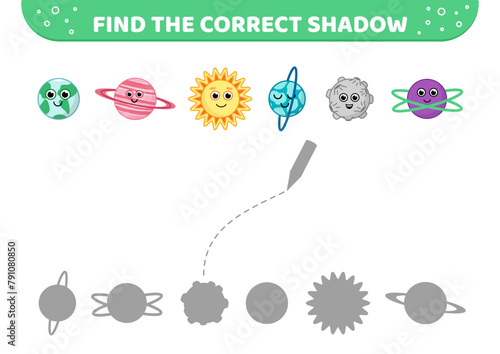 Find the correct shadow. Planets of Solar system. Shadow matching game. Cartoon, vector