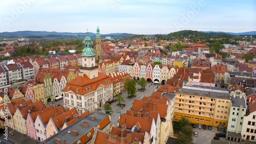 Aerial view of Jelenia Góra's market square and 18th-century town hall.