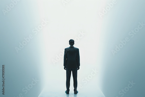 Businessman standing in corner of the room, rear view