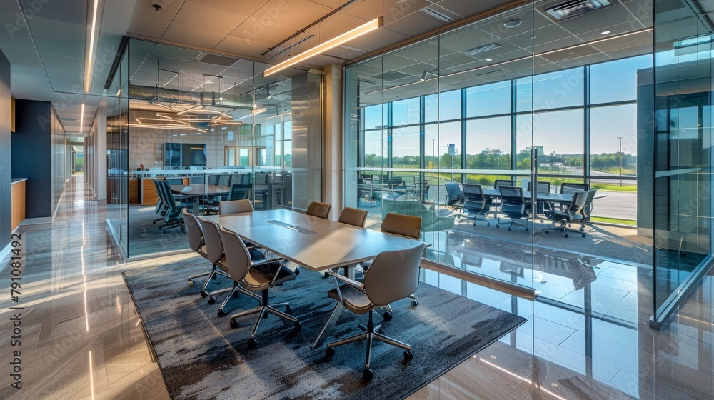 A sleek, modern conference room with a large table surrounded by chairs, featuring a glass wall that adds a sense of spaciousness and contemporary design