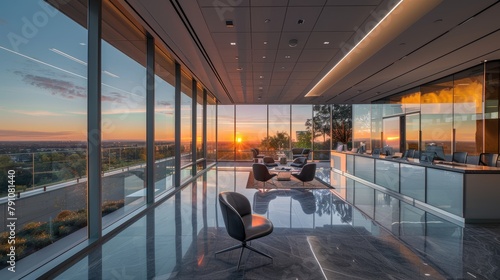 A contemporary living room with a glass wall allowing a view of the sunset with warm golden hues illuminating the space