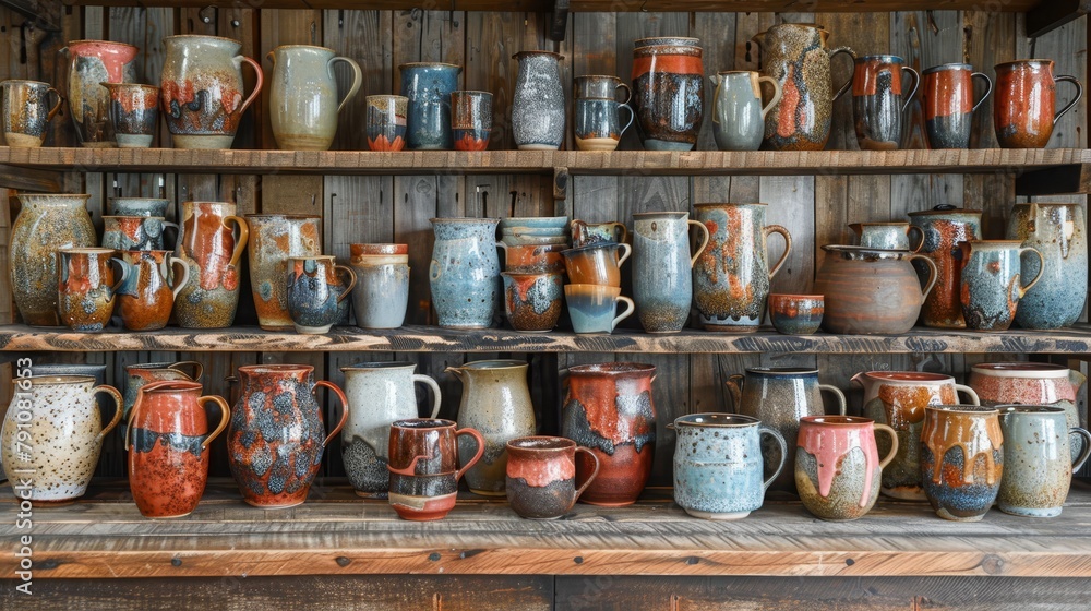 A wooden shelf holds various vases, against a nearby wooden wall A wooden shelf holds various vases, against a nearby wooden wall