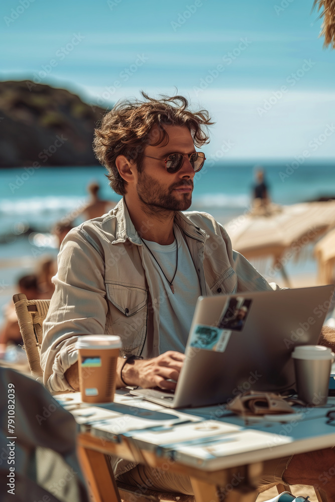 Caucasian man in casual clothes using laptop Working at a desk on the beach.