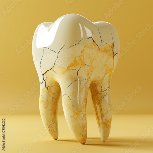 Tooth with cracks on a yellow background. 3d illustration.