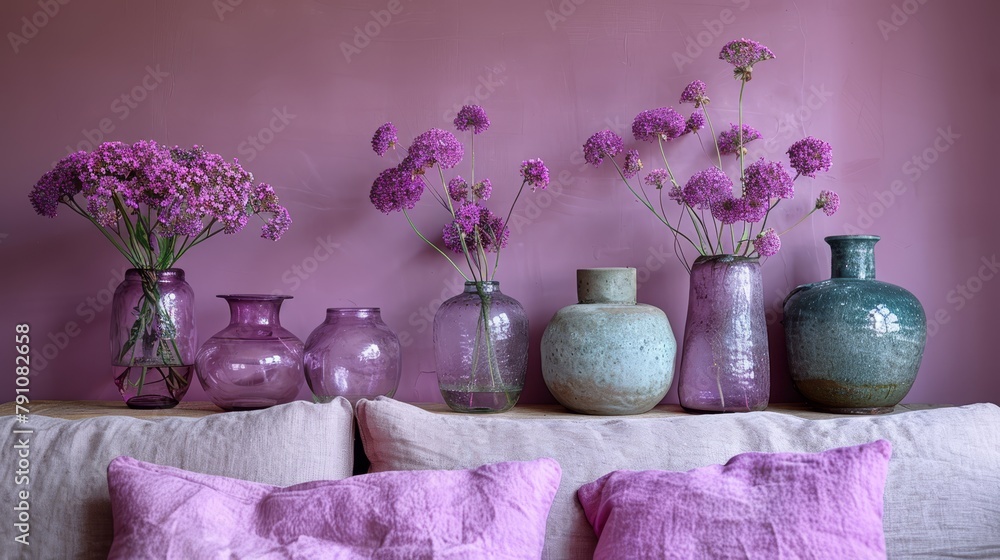 A collection of vases atop a couch, filled with purple blooms against a flower-less wall A collection of vases atop a couch, filled with purple blooms against a flower-less wall