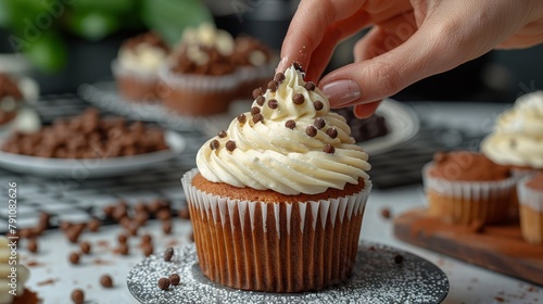  A hand dips a cupcake with white frosting and chocolate sprinkles