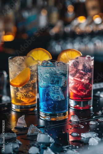 Three colorful drinks with ice cubes in them are on a table