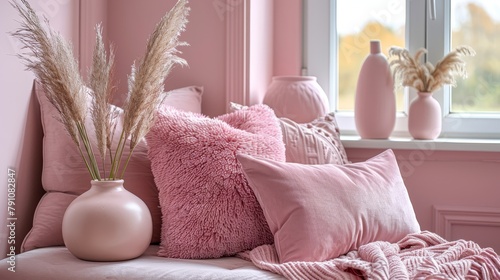  A pink room with pillows on the windowsill and vases atop it, plus a blanket draped over the sill