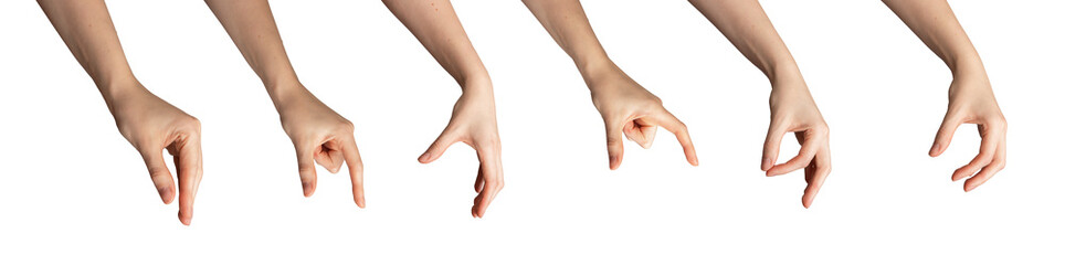 Female hand showing gestures. White palm, arm, fingers in various signs. Concept isolated icon set.