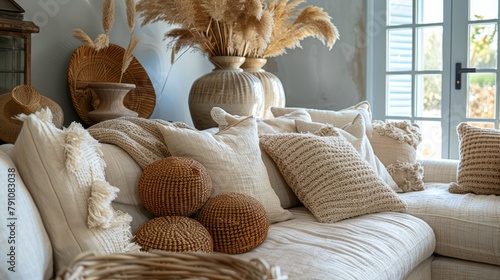   A cozy living room brimming with plentiful pillows A sizable vase, adorned with dried grass, stands before a window