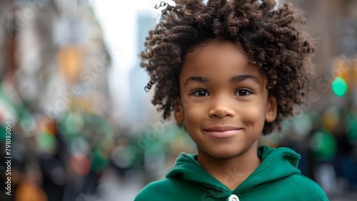 Young boy with Afro hair in green attire at St Patricks Day parade. Concept St Patricks Day Parade, Boy with Afro Hair, Green Attire, Youthful Portrait, Festive Celebration photo