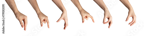 Female hand showing gestures. White palm, arm, fingers in various signs. Concept isolated icon set. photo