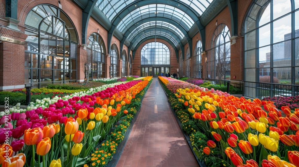 Obraz premium A walkway dotted with numerous colored tulips leads to a glass-ceilinged structure, its arched windows framing the blooms