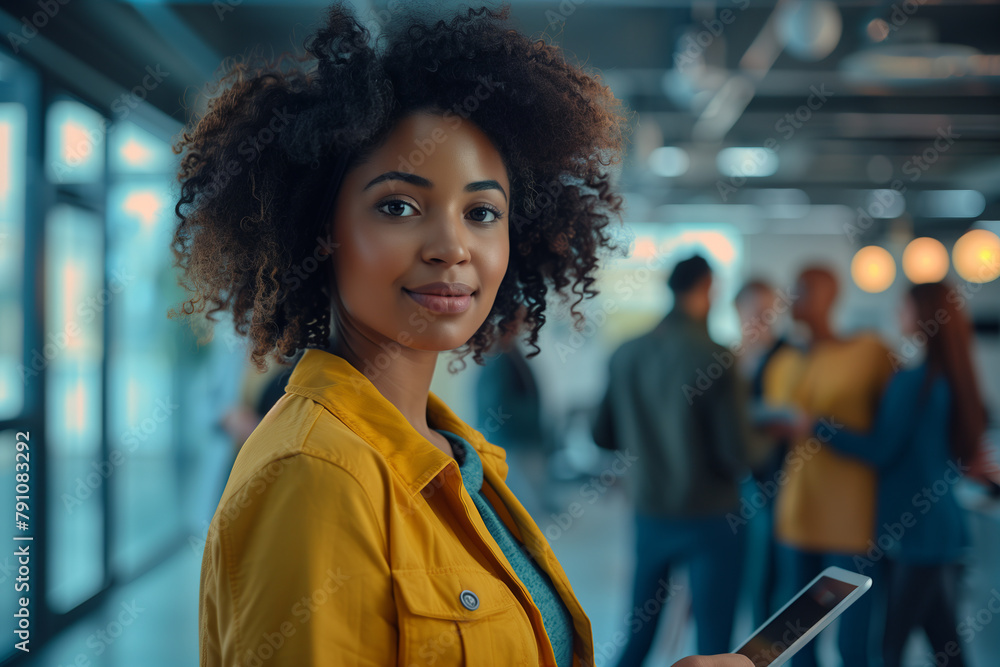 African American woman with afro hair holding a tablet while standing in front of people in the office. African American woman with afro hair holding a tablet while standing in front of people in the office.
