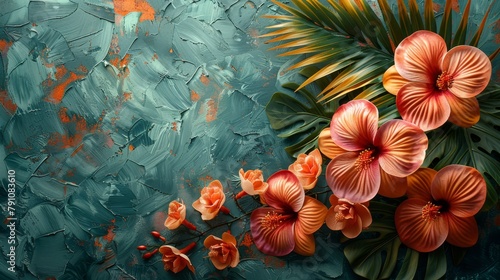   A painting of orange and pink flowers against a green-blue backdrop Palm leaves and orange blooms grace the left side © Nadia