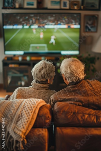 Two older people are sitting on a couch watching a soccer game on a television