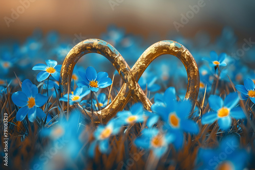 Golden infinity symbol sign with blue wild flowers on spring meadow, representing autism awareness and acceptance movement photo