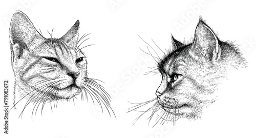 Cat potraits, sketch, animal head, pets, cute, snout, whiskers, realistic, hand drawn illustration, vector, isolated on white photo