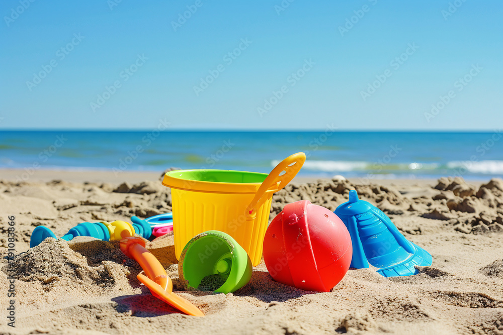 Children's toys lie on the sand. Small sea waves are visible in the background. Summer rest Children's toys lie on the sand. Small sea waves are visible in the background. Summer rest