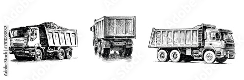 Heavy truck lorry, transportation, industrial, carriage,realistic,profile,back view,sketch vector hand drawn, black and white isolated on white