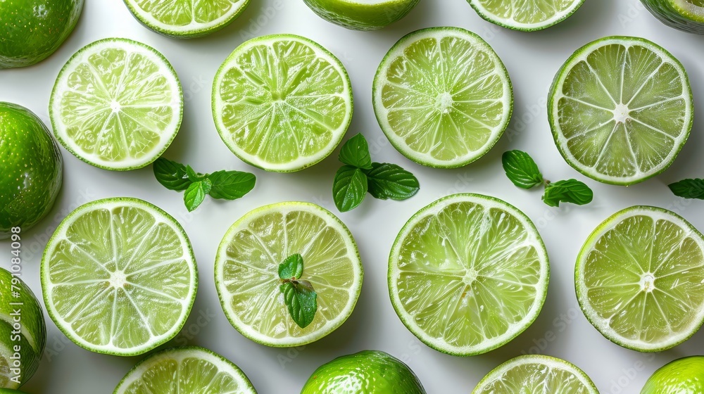   A collection of lime halves and mint leaves arranged on a pristine white surface