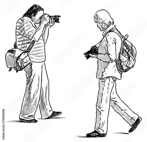 Photographers men, taking picture,camera,realistic, profile, standing,backpack, striding,outline, vector hand drawn illustration isolated on white