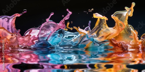 Vibrant Dance of Colored Liquid Splashes Against a Dark Background
