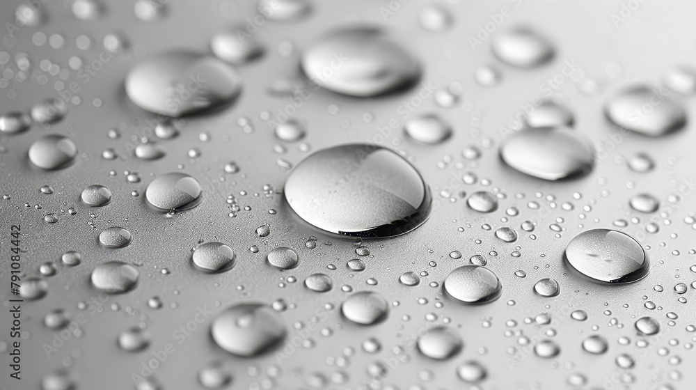 A tight shot of water droplets on a metal surface, contrasted by a monochrome image of the drops in black and white A tight shot of water droplets on a metal surface, contrasted by a monochrome image of the drops in black and white