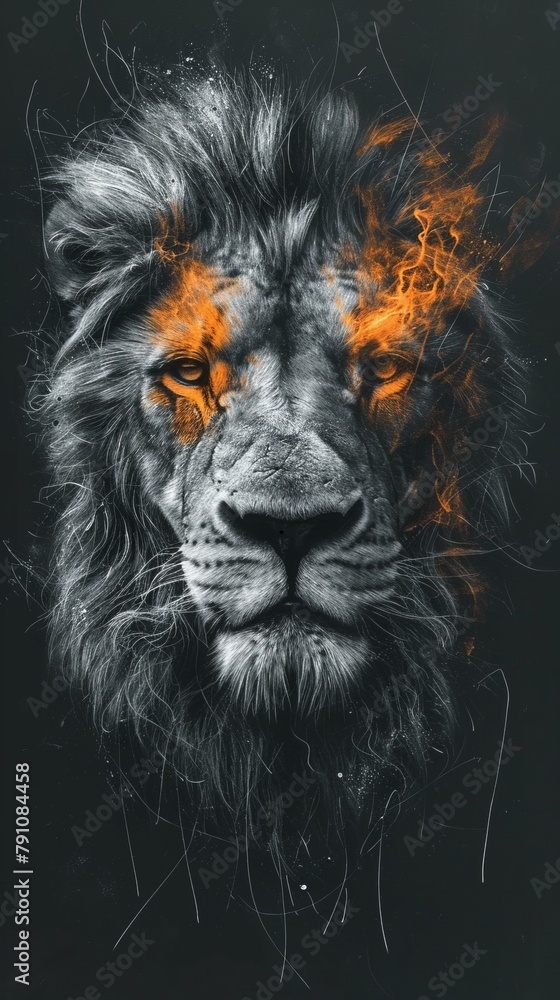 Poster with an image of a fiery lion, screensaver for a smartphone. Poster with an image of a fiery lion, screensaver for a smartphone.