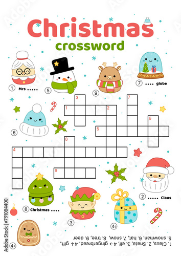 Crossword of Christmas characters. English words. Educational puzzle game for kids. Cartoon, vector