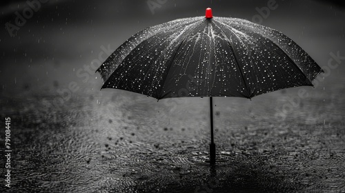   A monochrome image of a person, clad in rain gear, standing under a black-and-white umbrella amidst the rainfall photo