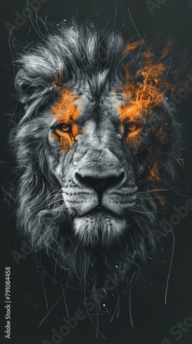 Poster with an image of a fiery lion, screensaver for a smartphone.