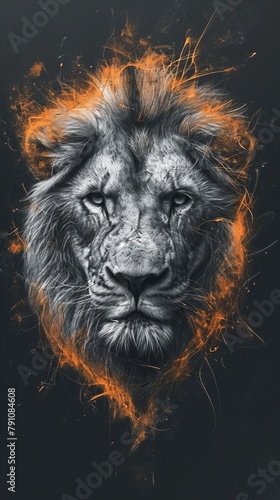 Poster with an image of a fiery lion  screensaver for a smartphone.