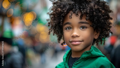 Boy with Afro hair wearing green attire at St Patrick's Day parade. Concept St Patrick's Day Parade, Afro Hair, Green Attire, Boy Portrait, Festive Celebration