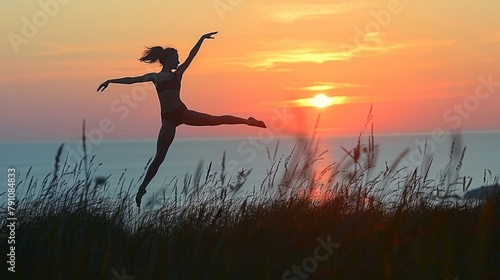  Woman balancing on one leg, arms raised against sunset backdrop